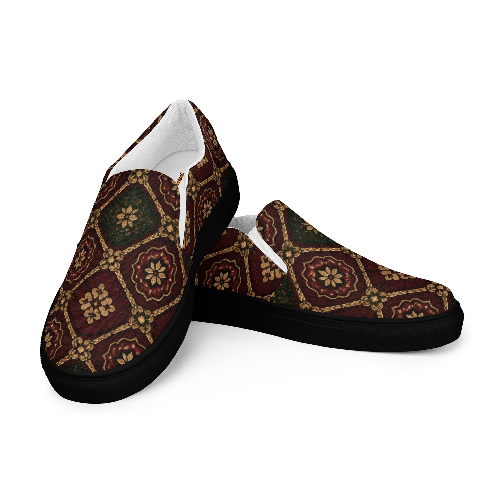Women’s slip-on canvas shoes - Crimson Royalty: Women’s Slip-On Canvas Shoes - Vintage Gold & Burgundy Damask Art by printfluence.net