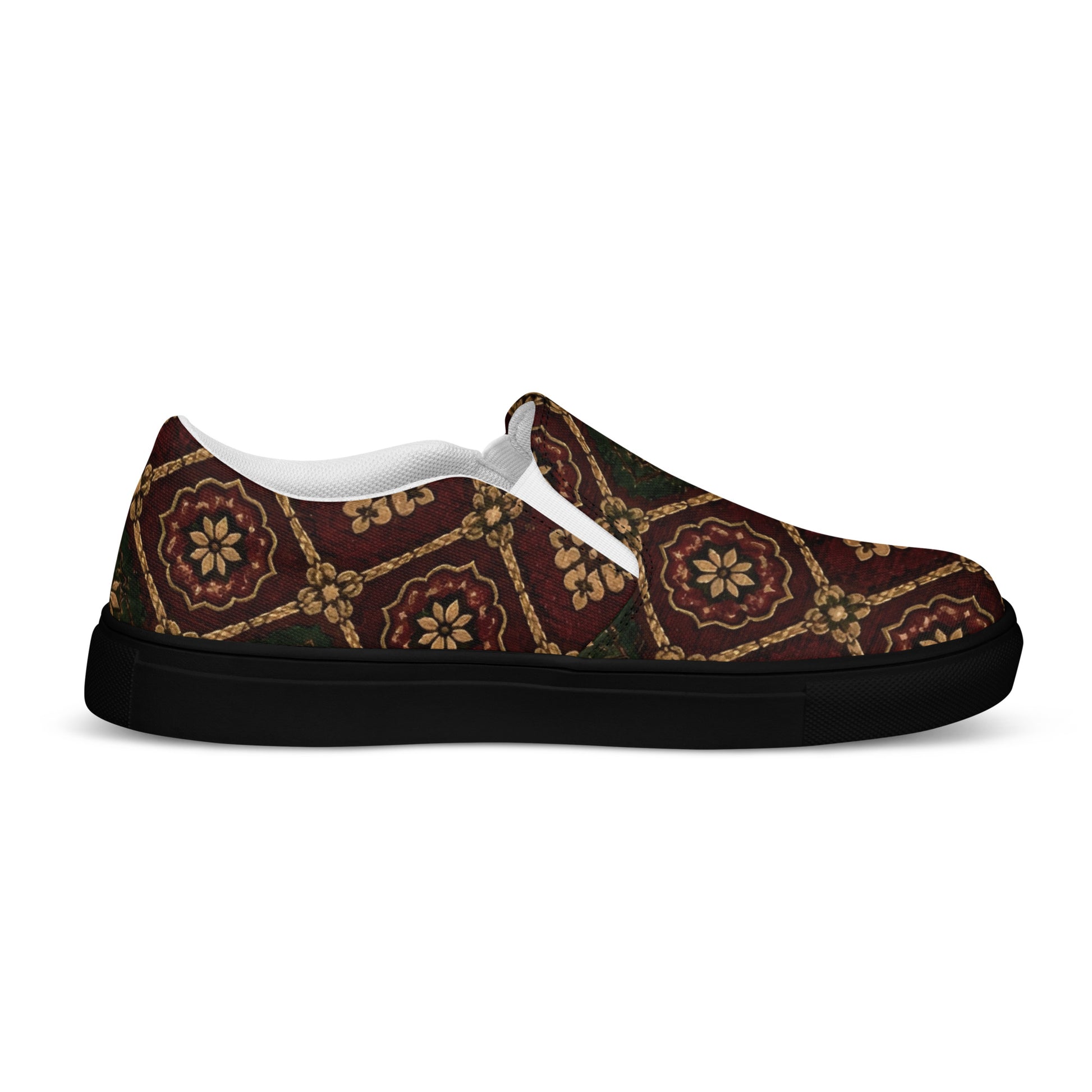 Women’s slip-on canvas shoes - Crimson Royalty: Women’s Slip-On Canvas Shoes - Vintage Gold & Burgundy Damask Art by printfluence.net