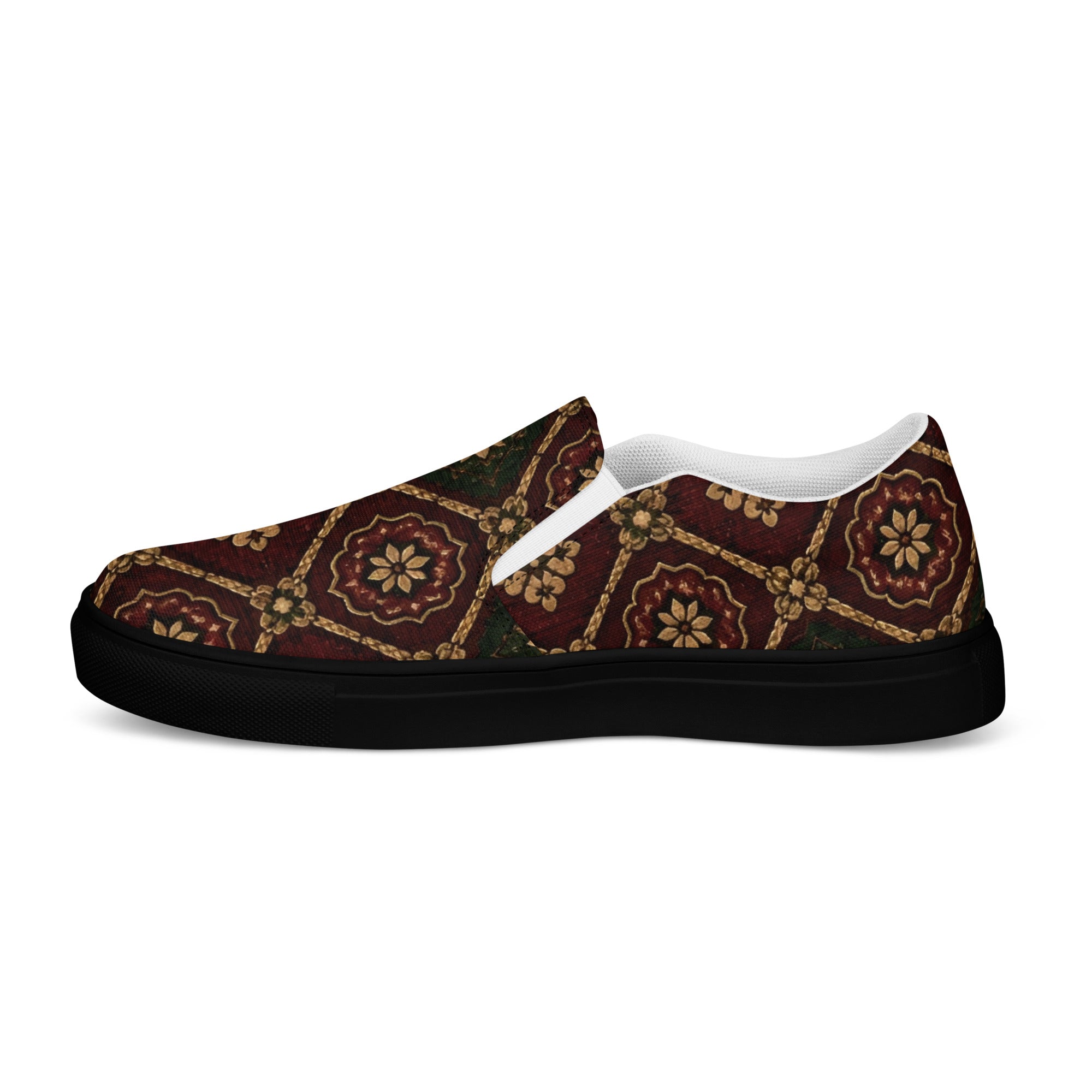 Women’s slip-on canvas shoes - Crimson Royalty: Women’s Slip-On Canvas Shoes - Vintage Gold & Burgundy Damask Art by printfluence.net