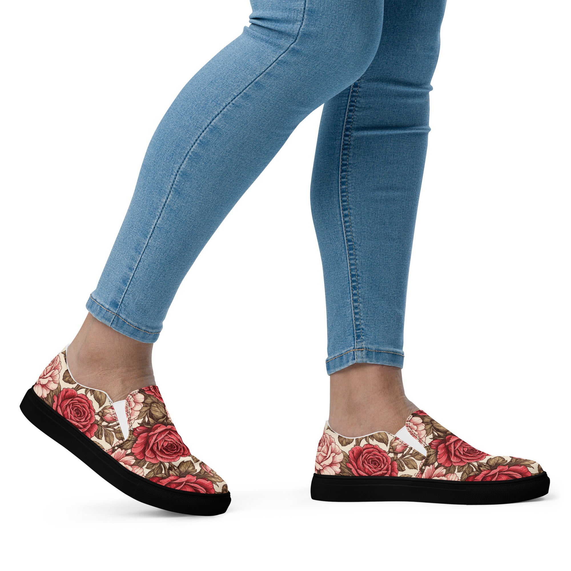 Women’s slip-on canvas shoes - Rose Garden Slip-On Shoes – Women's Floral Canvas Sneakers by printfluence.net