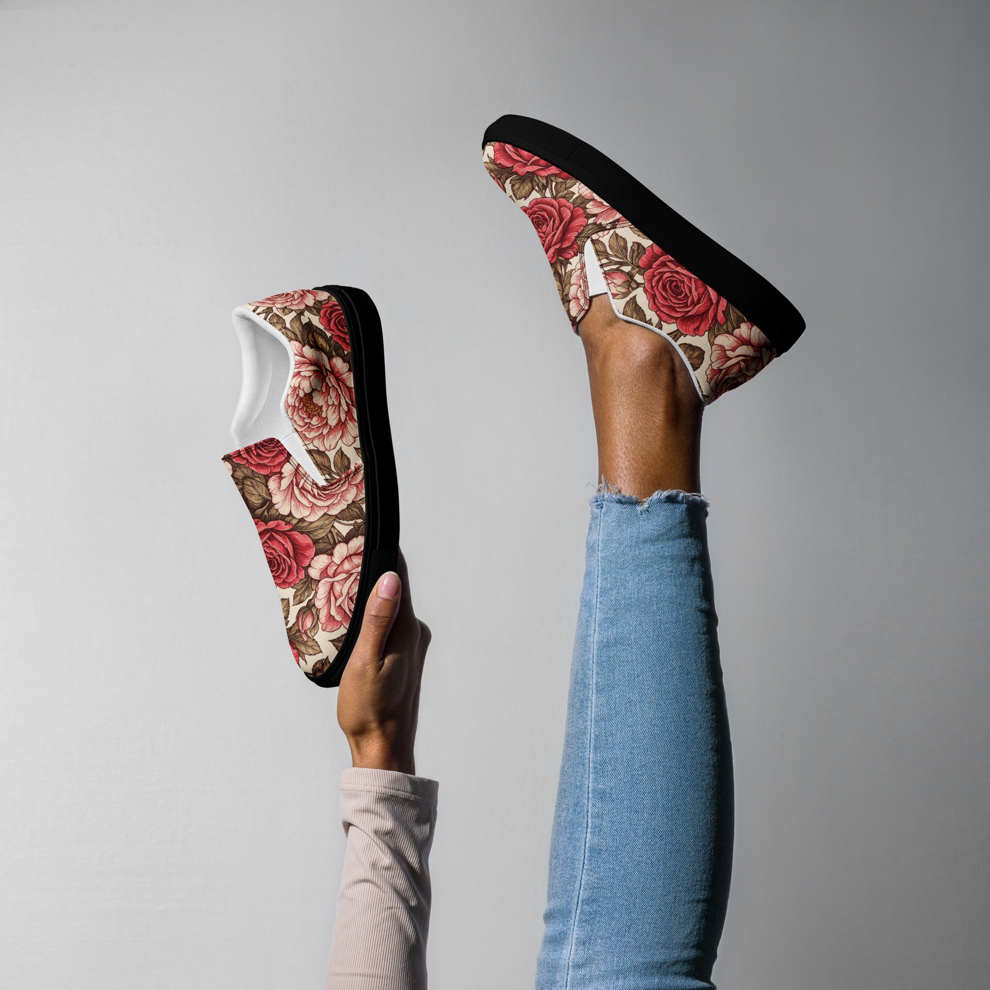 Women’s slip-on canvas shoes - Rose Garden Slip-On Shoes – Women's Floral Canvas Sneakers by printfluence.net