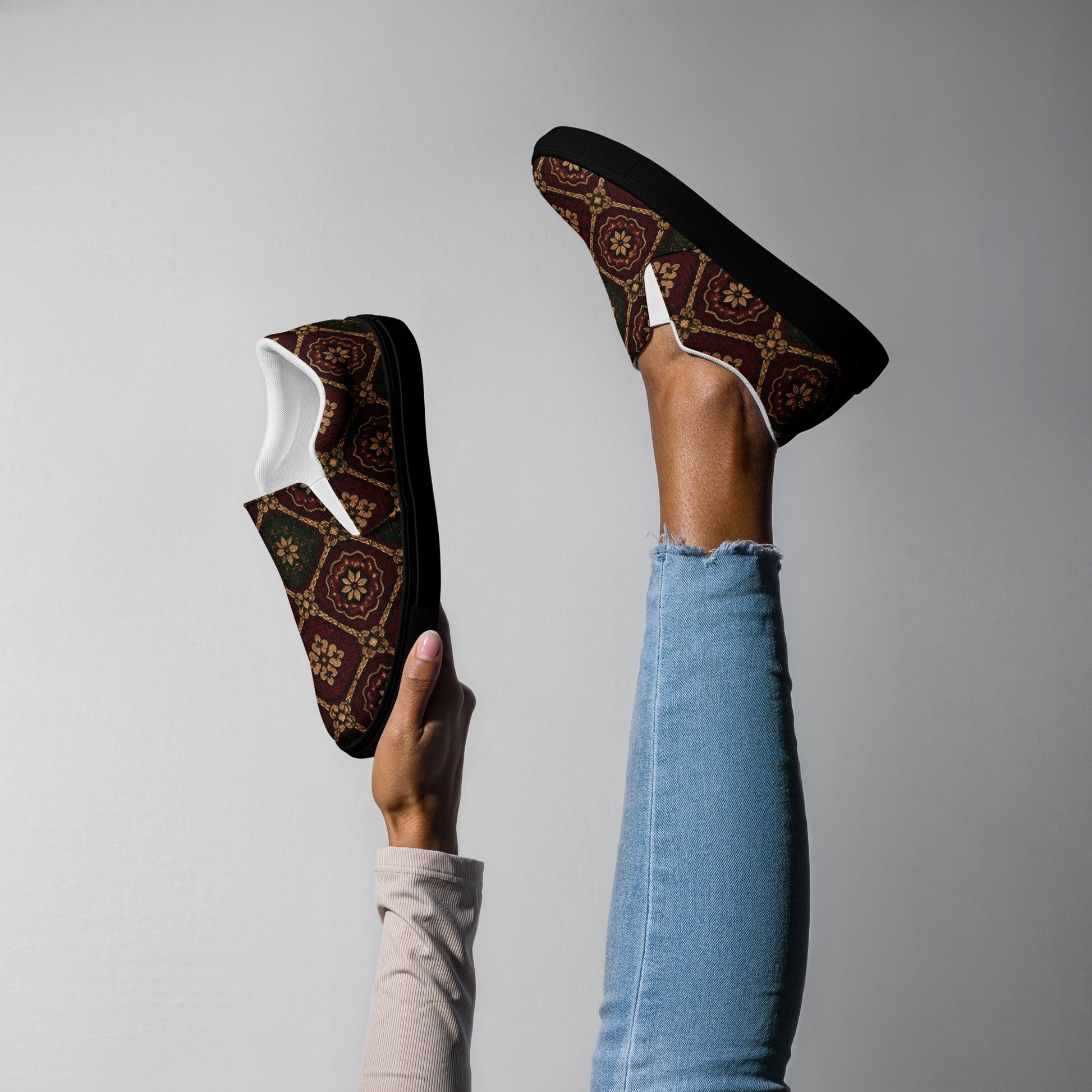 Women’s slip-on canvas shoes - Crimson Royalty: Women’s Slip-On Canvas Shoes - Vintage Gold & Burgundy Damask Art by printfluence.net