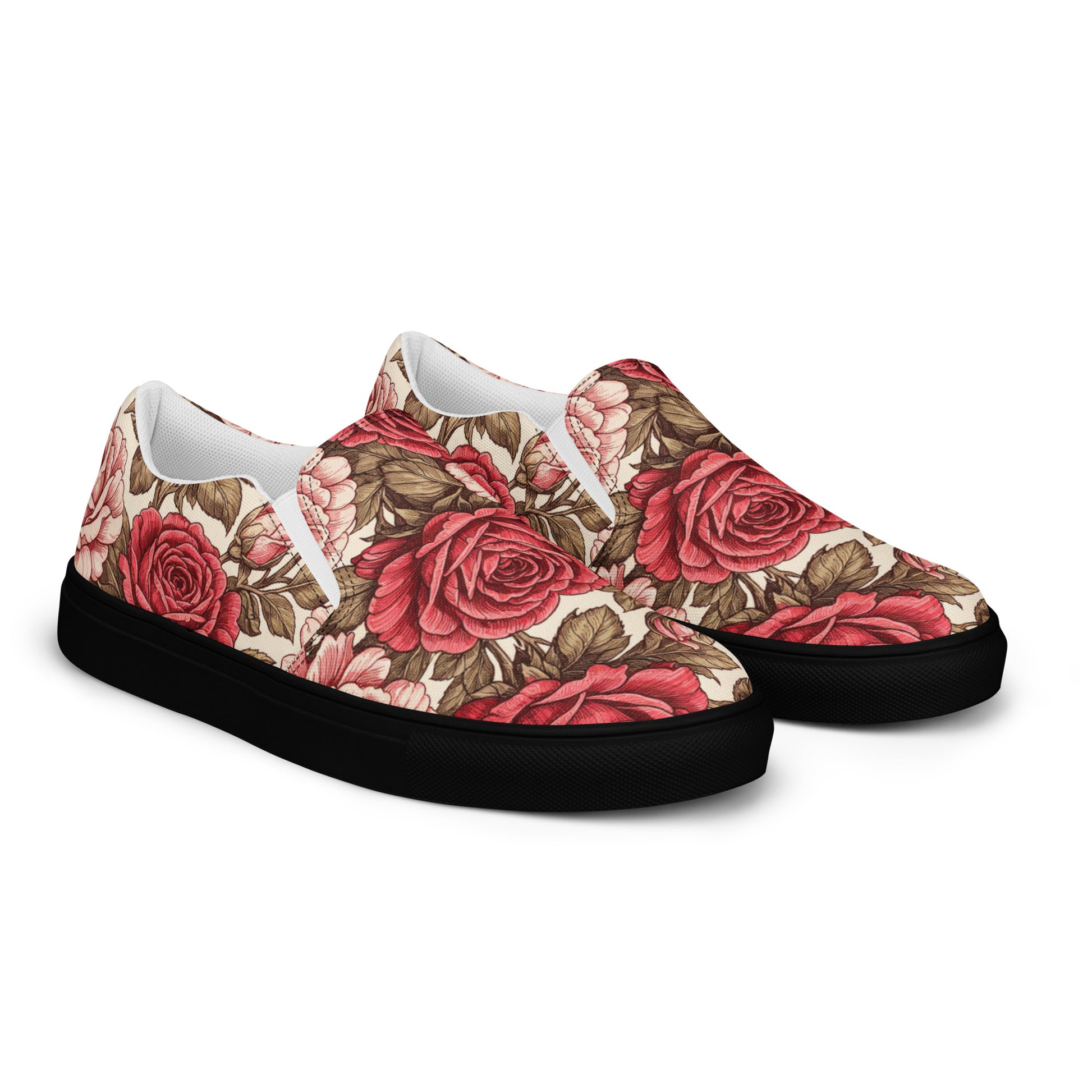 Women’s slip-on canvas shoes - Rose Garden Slip-On Shoes – Women's Floral Canvas Sneakers by printfluence.net