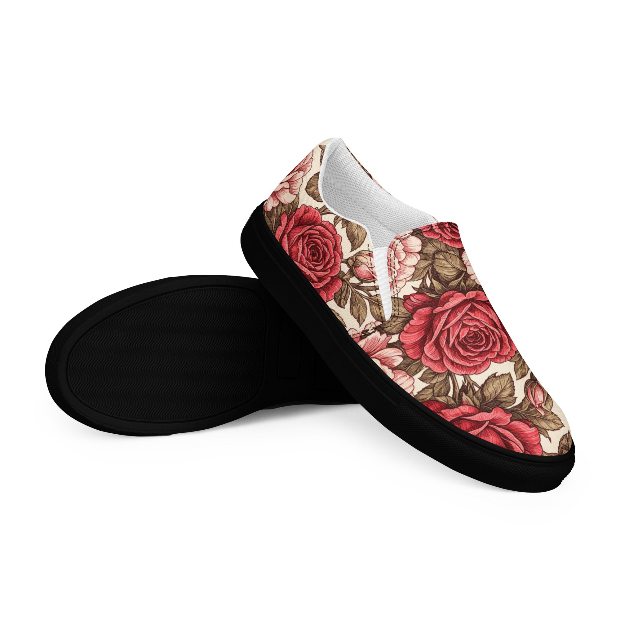 Women’s slip-on canvas shoes - Rose Garden Slip-On Shoes – Women's Floral Canvas Sneakers by printfluence.net