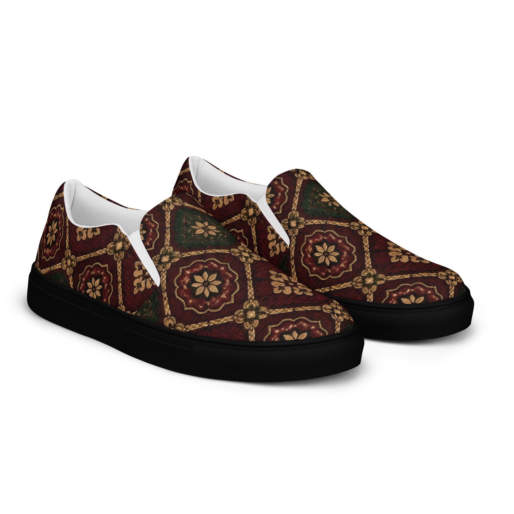 Women’s slip-on canvas shoes - Crimson Royalty: Women’s Slip-On Canvas Shoes - Vintage Gold & Burgundy Damask Art by printfluence.net