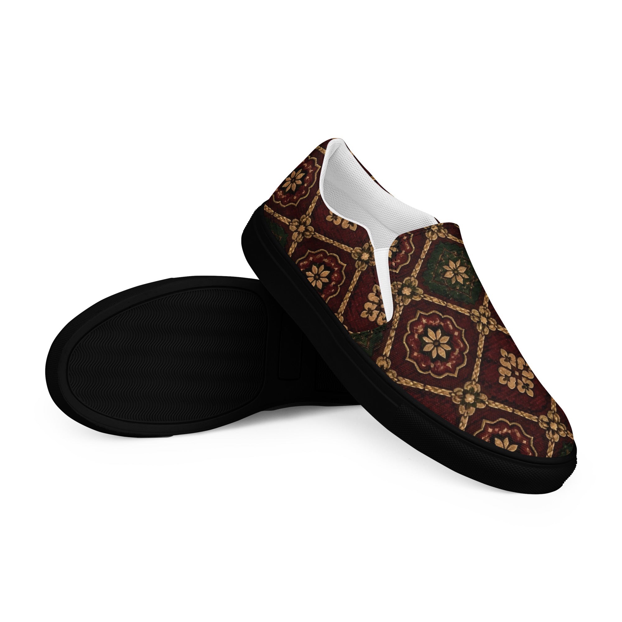 Women’s slip-on canvas shoes - Crimson Royalty: Women’s Slip-On Canvas Shoes - Vintage Gold & Burgundy Damask Art by printfluence.net