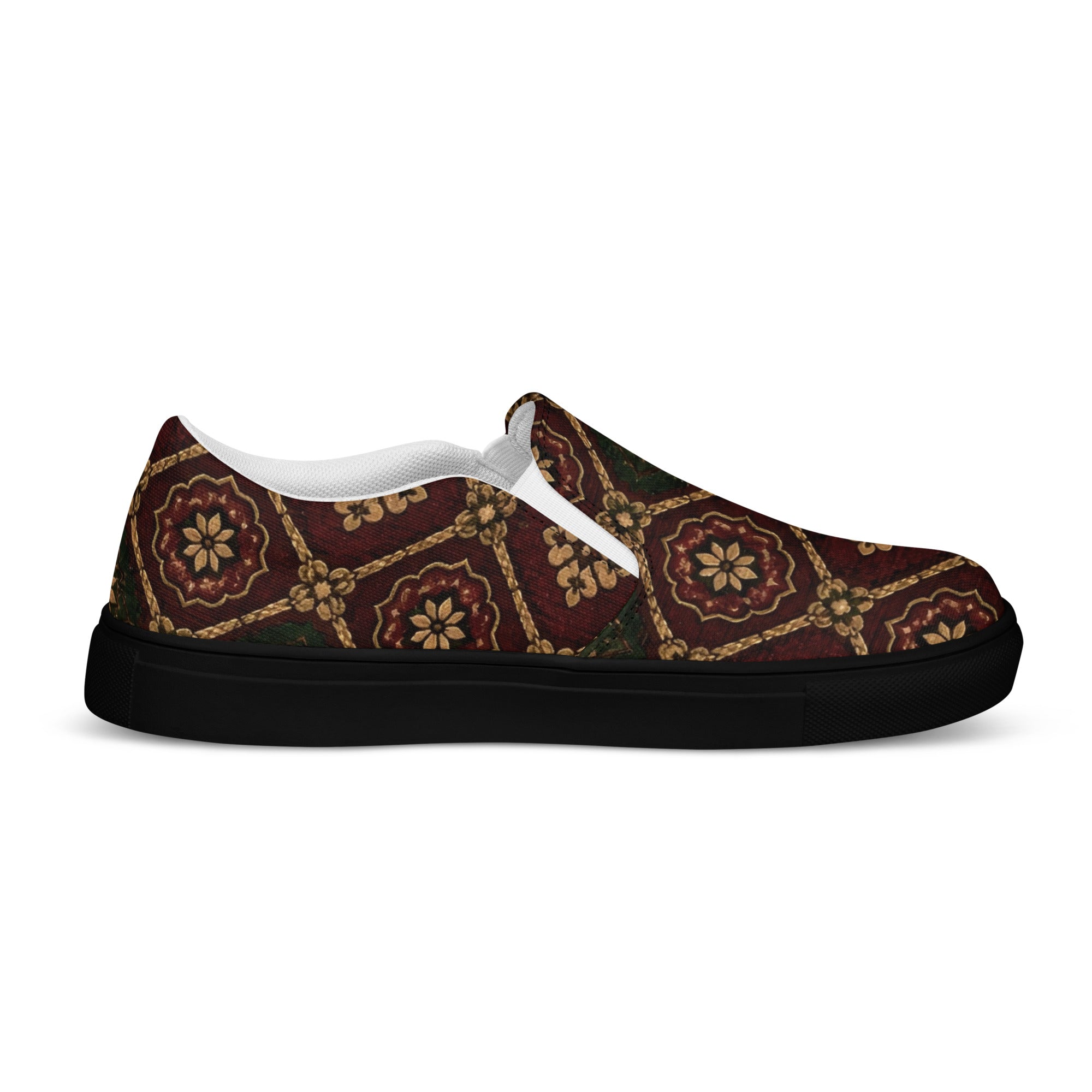 Women’s slip-on canvas shoes - Crimson Royalty: Women’s Slip-On Canvas Shoes - Vintage Gold & Burgundy Damask Art by printfluence.net