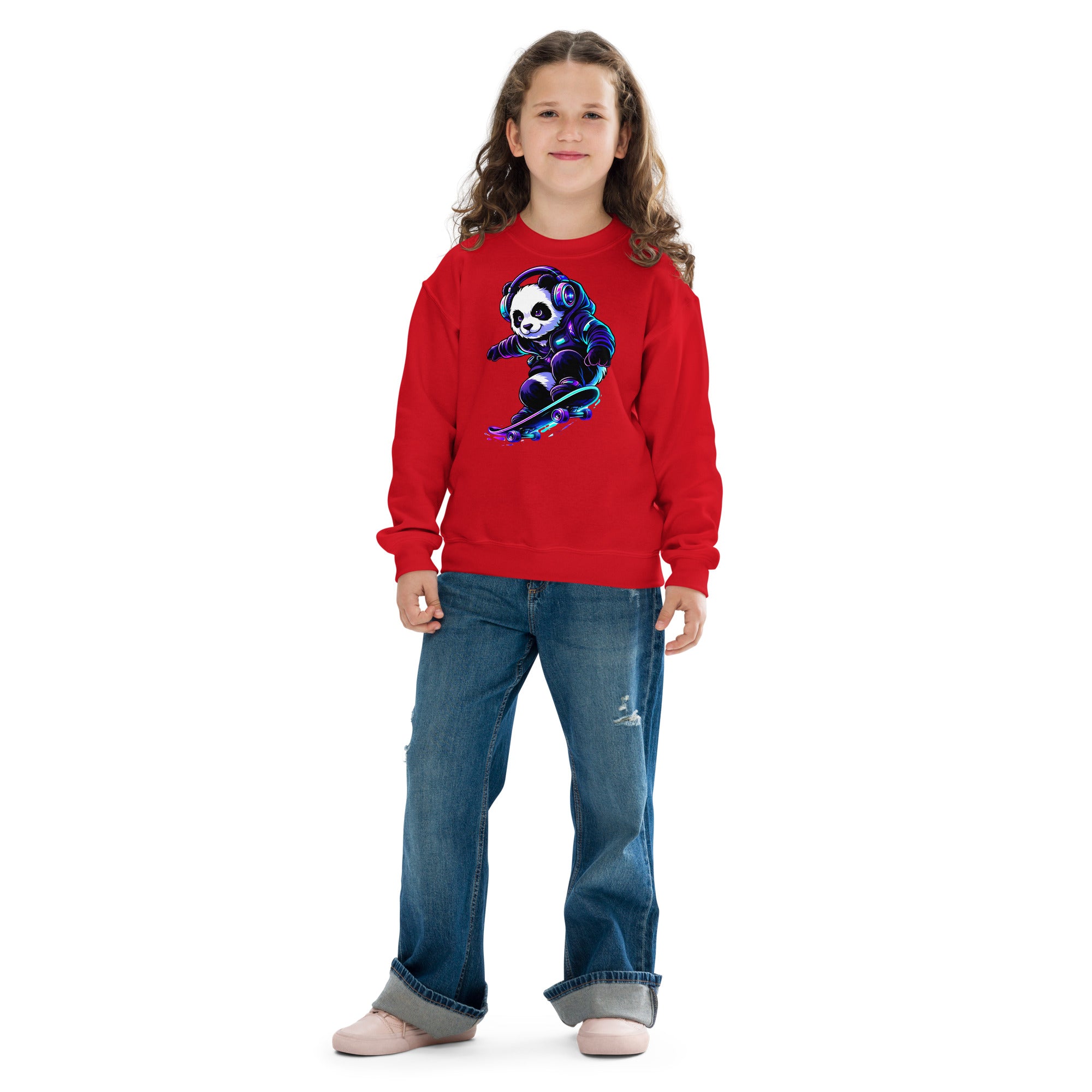 Youth crewneck sweatshirt - Shredding Panda Youth Crewneck Sweatshirt – Epic Skateboard Panda Graphic by printfluence.net